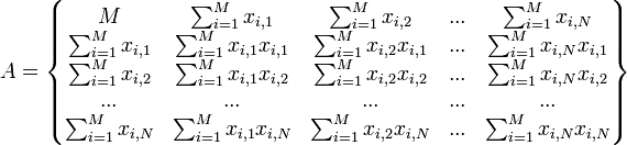 a=\left\{ \begin{matrix} m & \sum_{i=1}^{m}{x_{i,1}} & \sum_{i=1}^{m}{x_{i,2}} & ... & \sum_{i=1}^{m}{x_{i,n}} \\ \sum_{i=1}^{m}{x_{i,1}} & \sum_{i=1}^{m}{x_{i,1}x_{i,1}} & \sum_{i=1}^{m}{x_{i,2}x_{i,1}} & ... & \sum_{i=1}^{m}{x_{i,n}x_{i,1}} \\ \sum_{i=1}^{m}{x_{i,2}} & \sum_{i=1}^{m}{x_{i,1}x_{i,2}} & \sum_{i=1}^{m}{x_{i,2}x_{i,2}} & ... & \sum_{i=1}^{m}{x_{i,n}x_{i,2}} \\ ... & ... & ... & ... & ... \\ \sum_{i=1}^{m}{x_{i,n}} & \sum_{i=1}^{m}{x_{i,1}x_{i,n}} & \sum_{i=1}^{m}{x_{i,2}x_{i,n}} & ... & \sum_{i=1}^{m}{x_{i,n}x_{i,n}} \end{matrix} \right\}