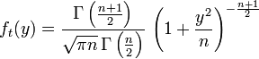f_t(y) = \frac{\gamma\left(\frac{n+1}{2}\right)}{\sqrt{\pi n} \, \gamma\left(\frac{n}{2}\right)}\, \left(1+\frac{y^2}{n}\right)^{-\frac{n+1}{2}}
