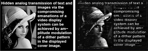 рис. 5. тестовое изображение, выведенное на экран монитора (а) и изображение, перехваченное средством разведки пэми (б)
