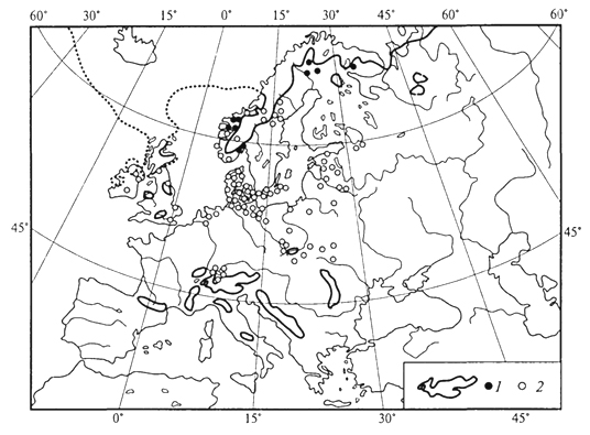рис. 44. распространение куропаточьей травы в европе (а.и.толмачев, 1974): 1 - современное распространение; 2- находки в ископаемом состоянии в поздне-ледниковых (и отчасти межледниковых) отложениях