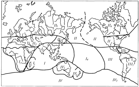 рис. 55. фаунистическое районирование суши земного шара (г. м.абдурахманов и др., 2001): 1 -области царства палеогвя: i1- эфиопская, i2- индо-малайская, i3 - мадагаскарская, i4-полинезийская. ii -области царства арктогея: ii1 -евро­пейско-сибирская, ii2 - древнего средиземья, ii3 - восточно-азиатская, ii4 - канадская, ii5 -сонорская. iii -области царства неогея: iii1 -неотро­пическая, iii2 -карибская. iv-области царства нотогея: iv1 -австралий­ская, iv2- новозеландская, iv3 -патагонская