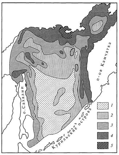 рис. 93. распределение биомассы бентоса (г/м2) в охотском море (м.и.савинков, 1960): 1- < 5; 2- 5-50; 3-50-200; 4- 200-1000; 5- свыше 1000