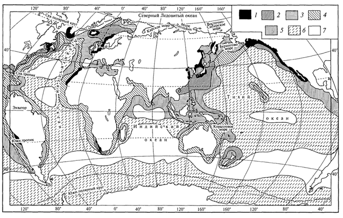 рис. 88. рыбопродуктивность мирового океана в кг/км 2(на 1985 г.) (п.а.моисеев, 1989): 1 -> 3000; 2 - > 1000; 3-> 500; 4-> 100; 5 - > 50; 6 - > 10; 7 - < 10