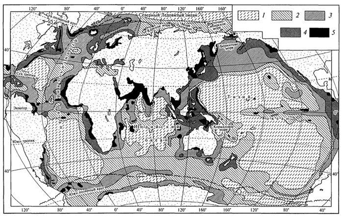 рис. 87. распределение средней годовой первичной продукции водорослей (мг/м2 в день) в мировом океане (о.и.кобленц-мишке, 1985): 1- <100; 2- 100-150; 3-150-250; 4-250-500; 5 - свыше 500