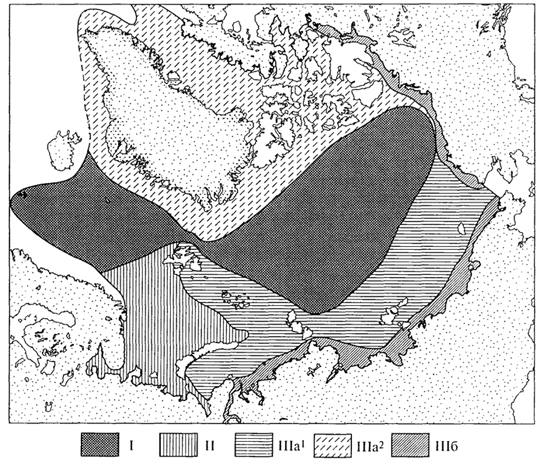 рис. 92. биогеографическое районирование арктической области (л.а.зенкевич, 1977): i - абиссальная арктическая подобласть; ii - нижнеарктическая мелководная подобласть; iii - высокоарктическая мелководная подобласть: iiia1 - сибир­ский район; iiia2 - североамериканско-гренландский район; iiiб - солоноватоводная провинция