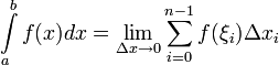 \int\limits^{b}_{a}f(x)dx=\lim\limits_{\delta x \rightarrow 0}\sum\limits^{n-1}_{i=0}f(\xi_{i})\delta x_{i}