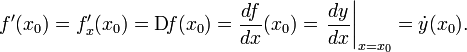 f\'(x_0) = f\'_x(x_0)=\mathrm{d}\!f(x_0) = \frac{df}{dx}(x_0) = \left.\frac{dy}{dx}\right\vert_{x = x_0} = \dot{y}(x_0).