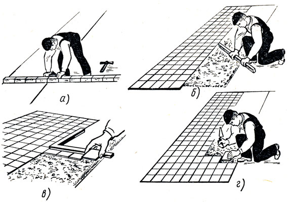 рис. 51. настилка пола из керамической плитки: а - разметка захватки рейкой болотина, 6 - <a href=