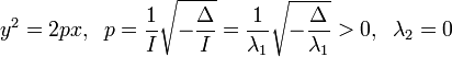 y^2=2px,\;\; p=\frac{1}{i}\sqrt{-\frac{\delta}{i}} = \frac{1}{\lambda_1}\sqrt{-\frac{\delta}{\lambda_1}}> 0,\;\; \lambda_2=0