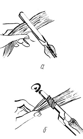 рис. 49. завивка локонов вверх: а - захват пряди волос щипцами; б - сделан первый оборот щипцов (пальцы левой руки удерживают концы волос пряди в натянутом положении)
