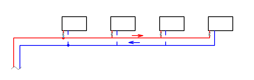 Схема подключения петли тихельмана. Схема отопления петля Тихельмана. Двухтрубная тупиковая система отопления. Система отопления петля Тихельмана. Схема Тихельмана тупиковая.