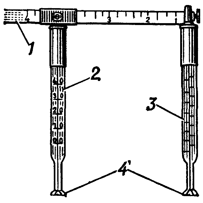 рис. 2. схематическое изображение терм оэстезиометра эйленбурга: 1 — шкала, по которой перемещается подвижный термометр (2); 3 — неподвижный термометр; 4 — основания термометров, прикладываемых к коже.