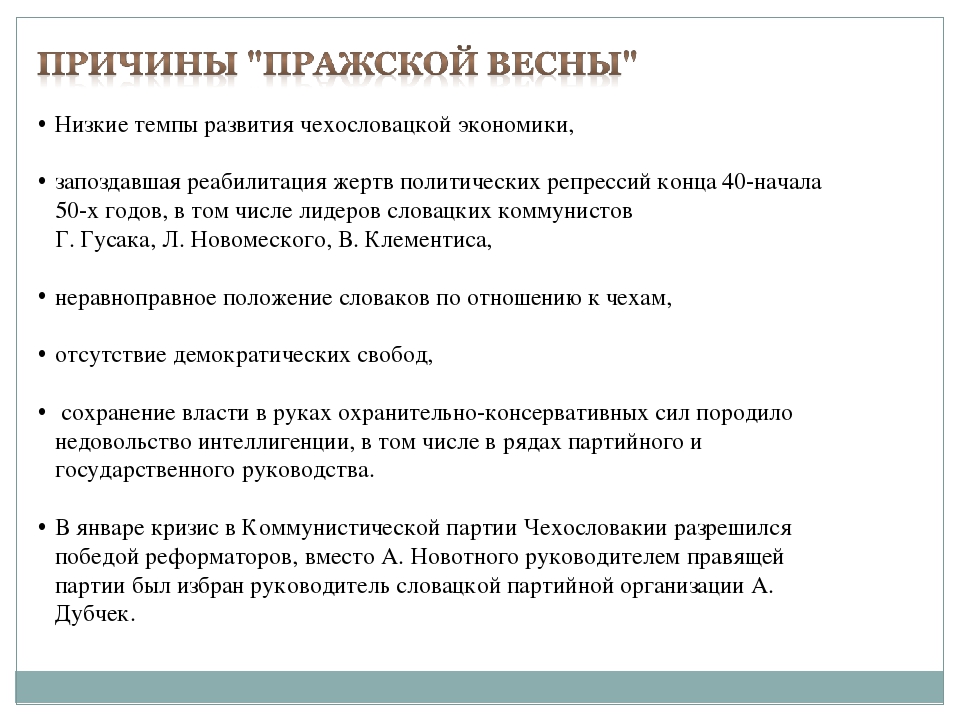 Итоги чехословакии. Причины Пражской весны 1968 кратко.