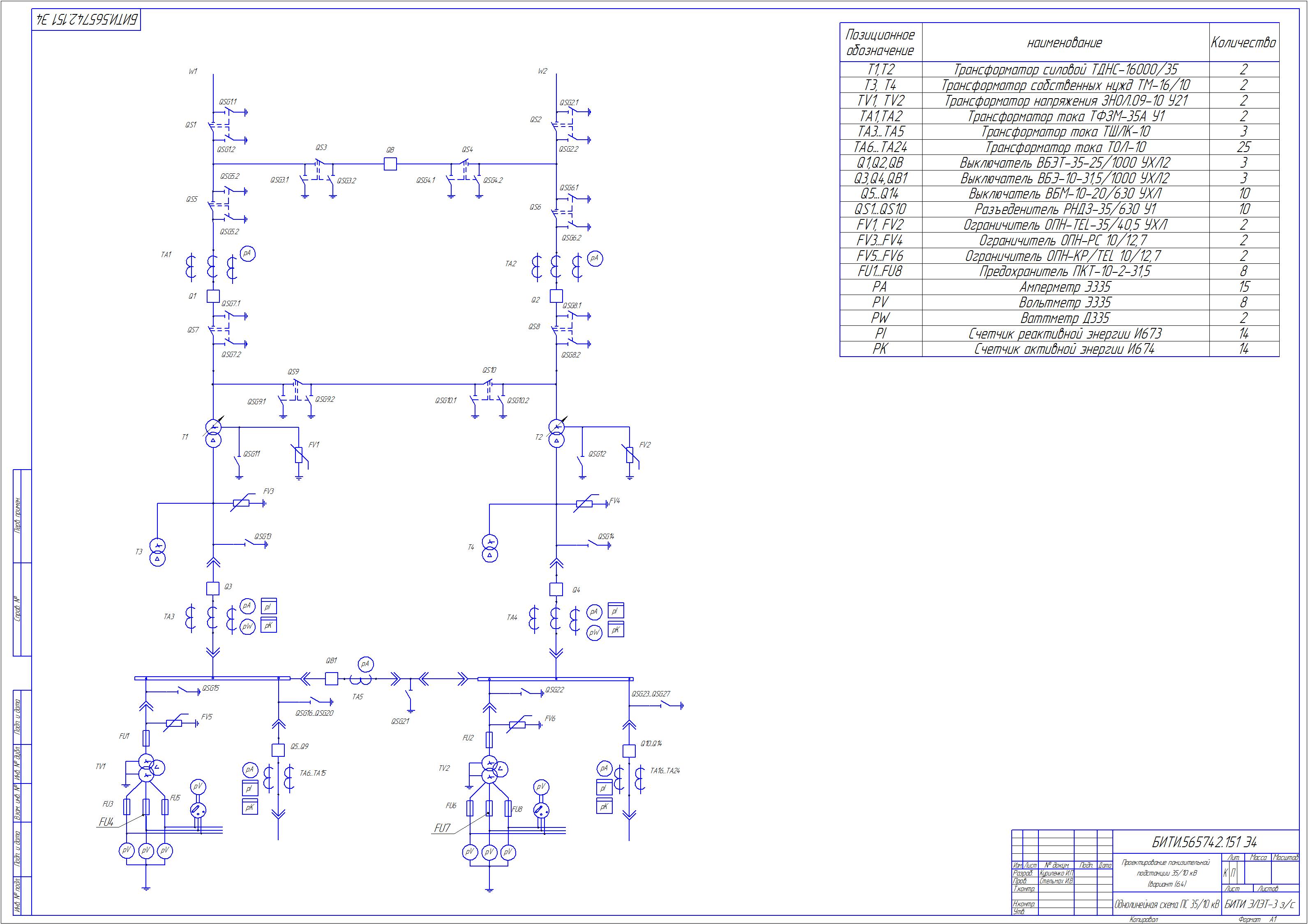 Принципиальная электрическая схема подстанции 35 10 кв