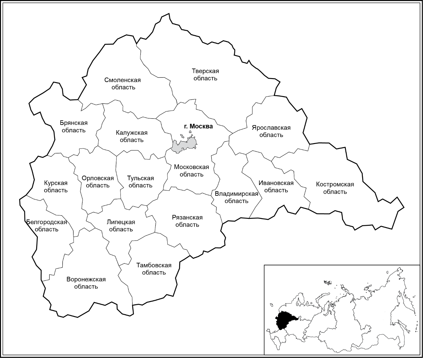 Области центральной россии на карте. Контурная карта центрального федерального округа. Центральный федеральный округ контурная карта. ЦФО на карте России с областями и городами. Карта центрального федерального округа.