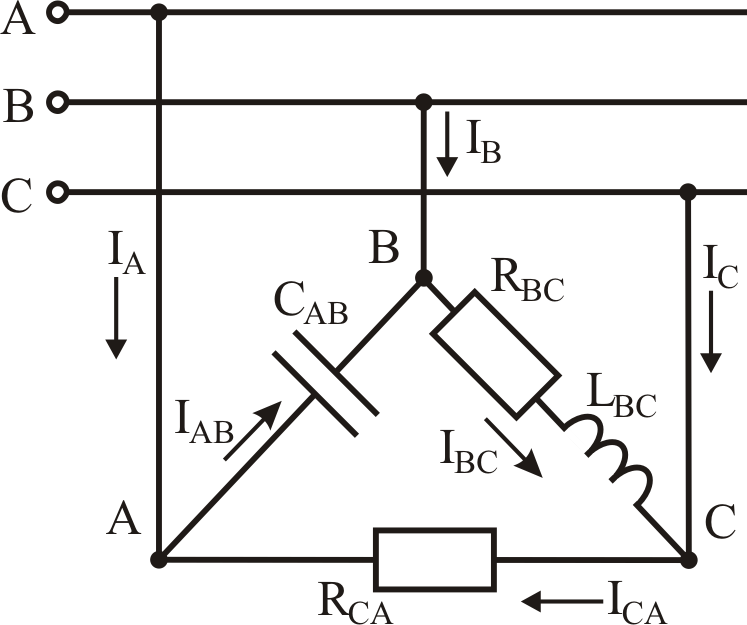 Трехфазное сопротивление. Трехфазная цепь с конденсатором. Трехфазная цепь с конденсатором и резистором в катушке. Трехфазная цепь звезда с конденсатором и катушкой. Трехфазная сеть треугольник резистор катушка конденсатор.