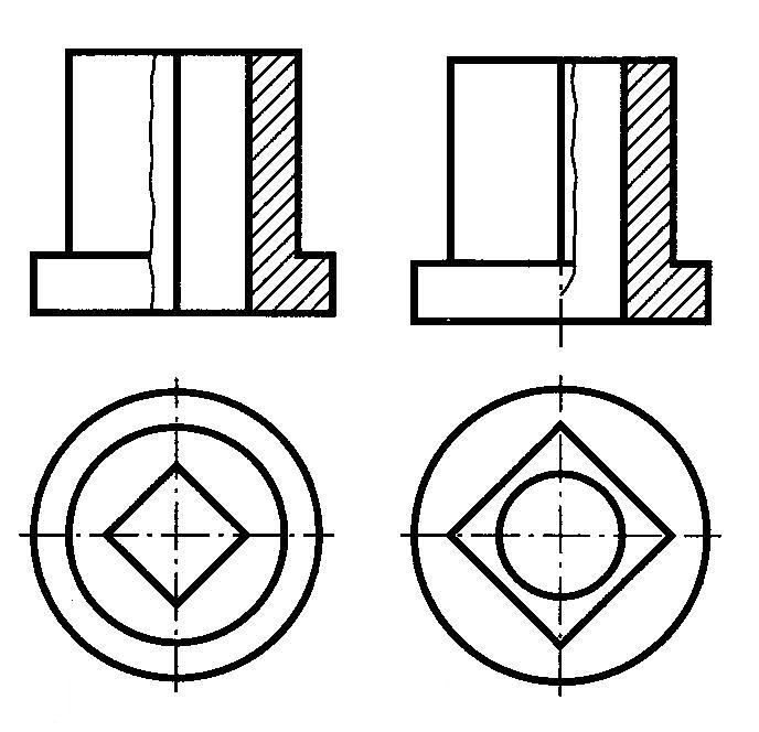 2 изображения разрезы. Совмещение части вида и части разреза. Совмещение вида с разрезом для четырехгранной поверхности. Соединение вида и разреза. Совмещение вида и разреза на чертеже.
