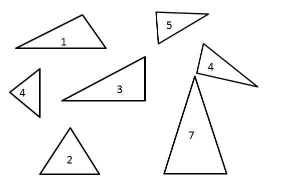 Рассмотри рисунок и выпиши номера разносторонних треугольников