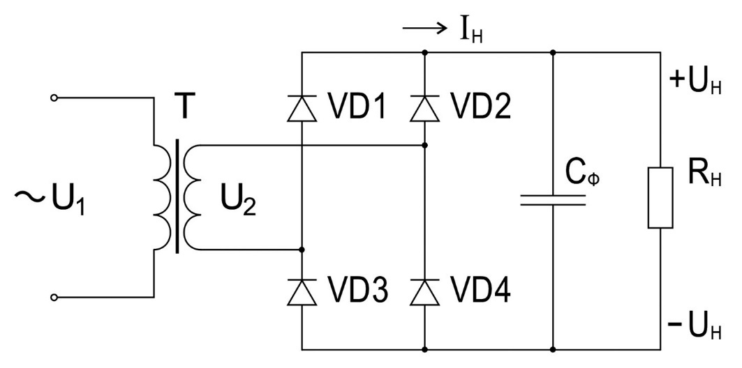 Схема мостового выпрямителя с емкостным фильтром