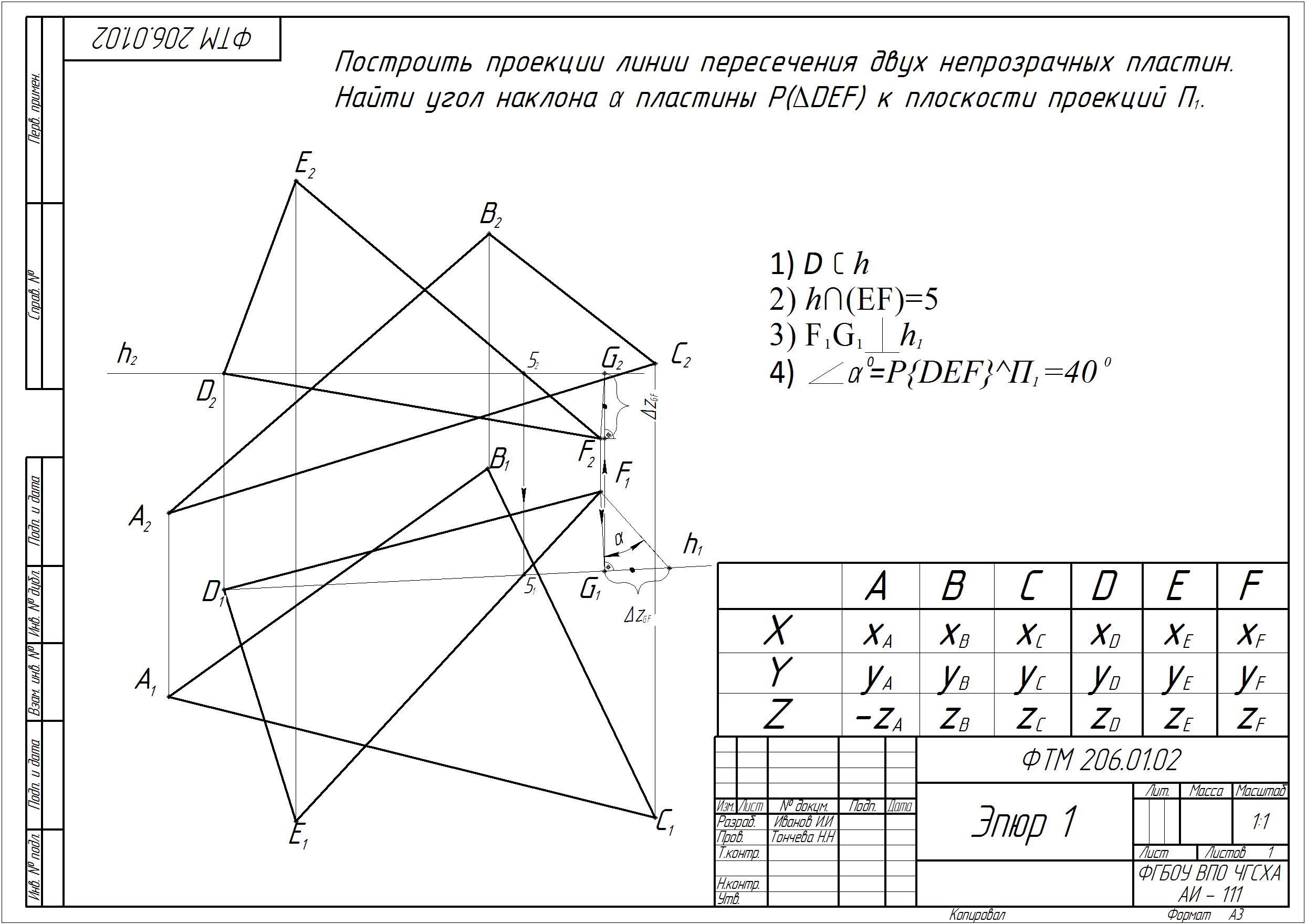 Пересечение двух треугольников. Эпюр 2 Начертательная геометрия.