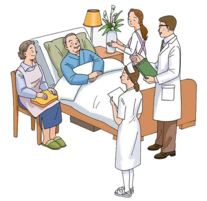 Видимо навестить. Беседа медсестры с пациентом. Врач и пациент. Беседа с пациентом рисунок. Медсестра и родственники больного.