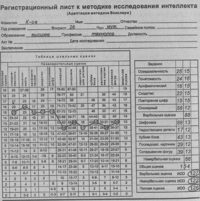 Заключение по тесту векслера взрослый вариант образец