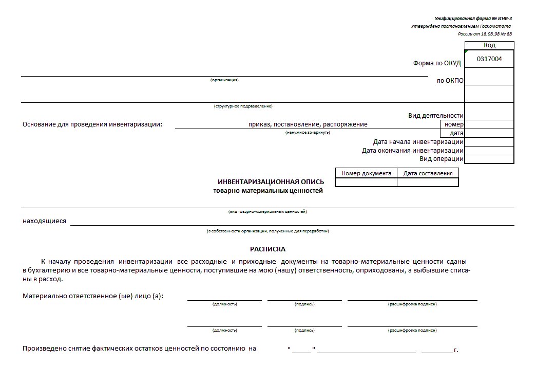 Инвентаризационная ведомость образец