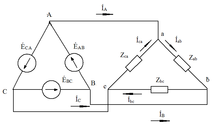 Соединения трехфазных электрических цепей. Схема треугольник для трехфазной цепи. Соединение треугольником в трехфазной цепи. Схема соединения треугольником трехфазной цепи. Трехфазные цепи звезда и треугольник.